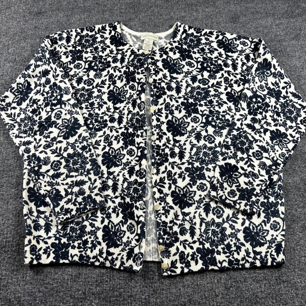 Appleseeds Womens XL Navy White Floral Button Front Cardigan Sweater A06748